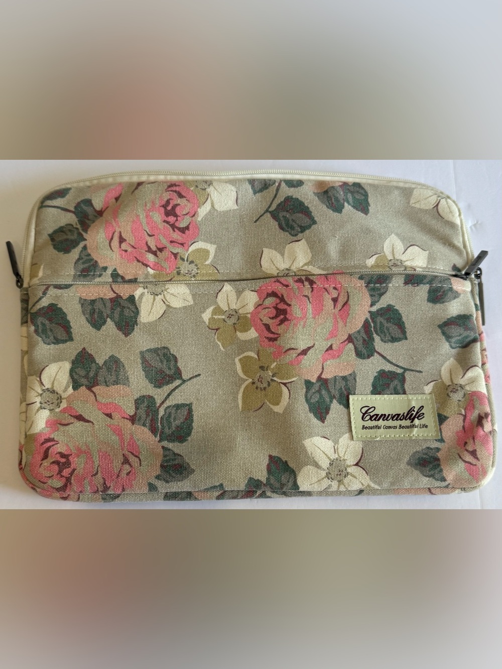 Floral Canvas Cosmetic Pouch in Pink and Green